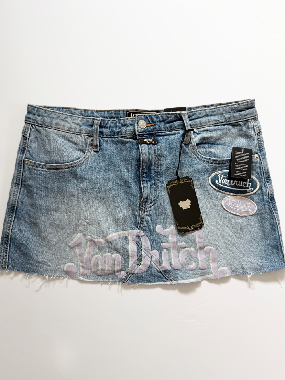 NWT Von Dutch Logo Raw Hem Denim Mini Skirt Y2K Micro 13/31